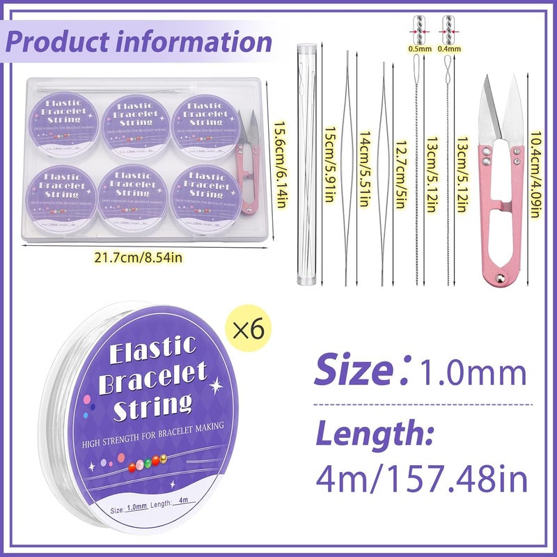 UOOU 6 Rolls Elastic String for Bracelets, 1mm Clear Stretchy Bracelet String with Beading Needles, Friendship Bracelet String for Jewelry Making Supplies - Image 2